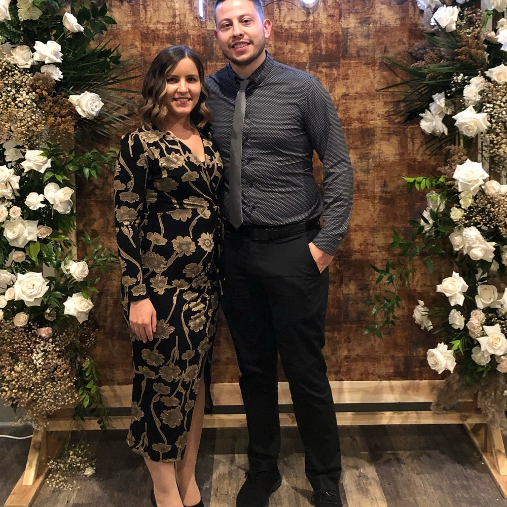 SHEIN Black Midi Dress with Gold Floral Print